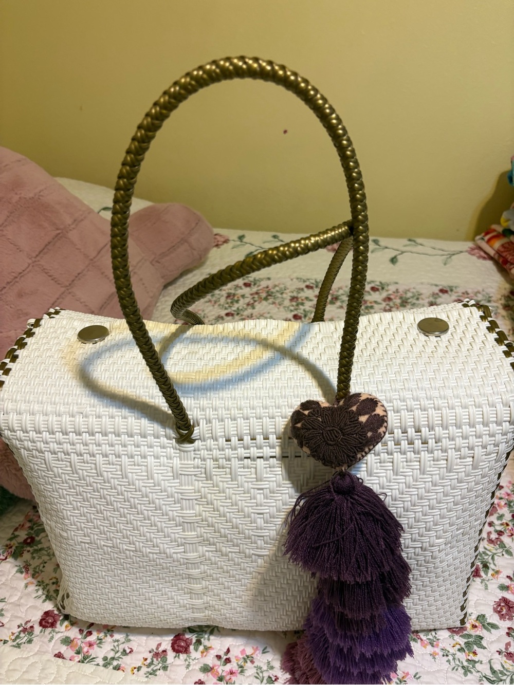 White Woven Tote with Purple Tassel Charm